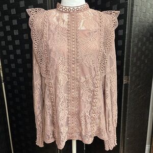 Full Lace Top Women L Long Smocked Sleeve Victorian Cottagecore Girly Romantic